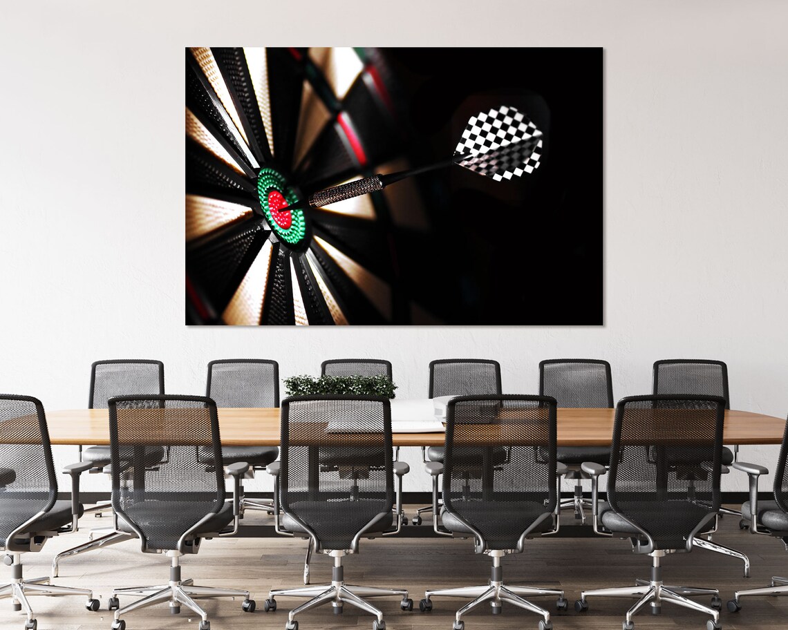 Dart Hitting Bullseye Black Background Target Focus Photography Poster