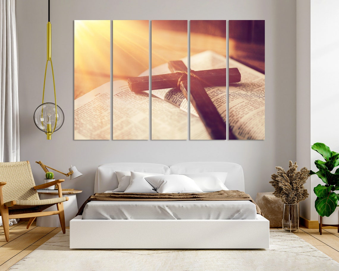 Wooden Cross On Open Bible Warm Light Faith Triptych Wall Art - Image 6