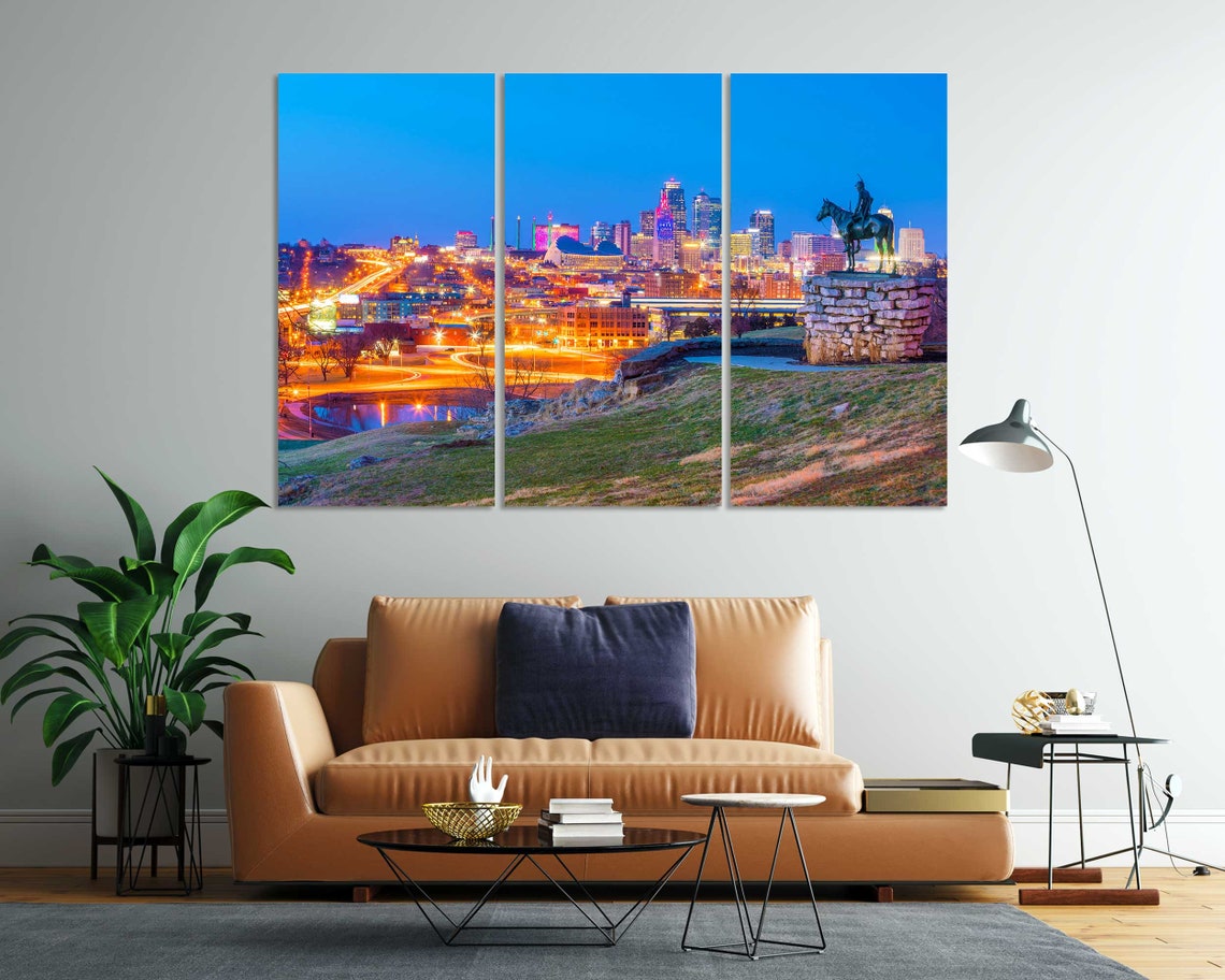 Kansas City Missouri Downtown Skyline Night Lights Scout Statue Poster - Image 7