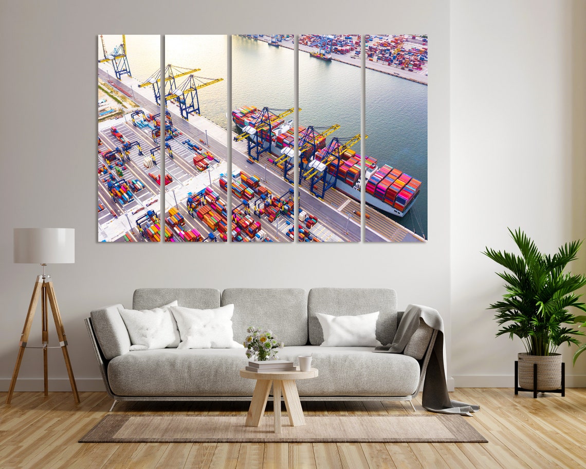 Aerial Container Port Cranes Cargo Ship Five Panel Logistics Poster