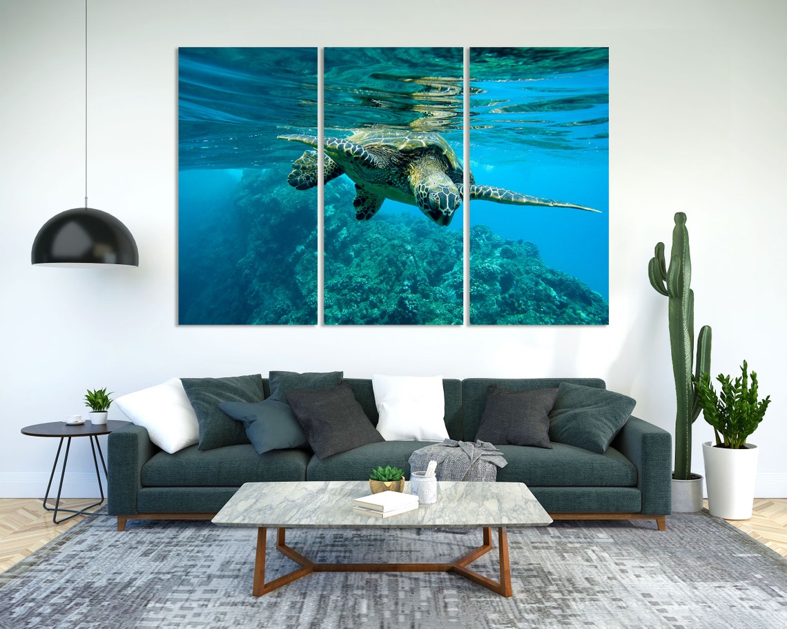 Sea Turtle Underwater Coral Reef Bright Turquoise Ocean Art Poster - Image 2