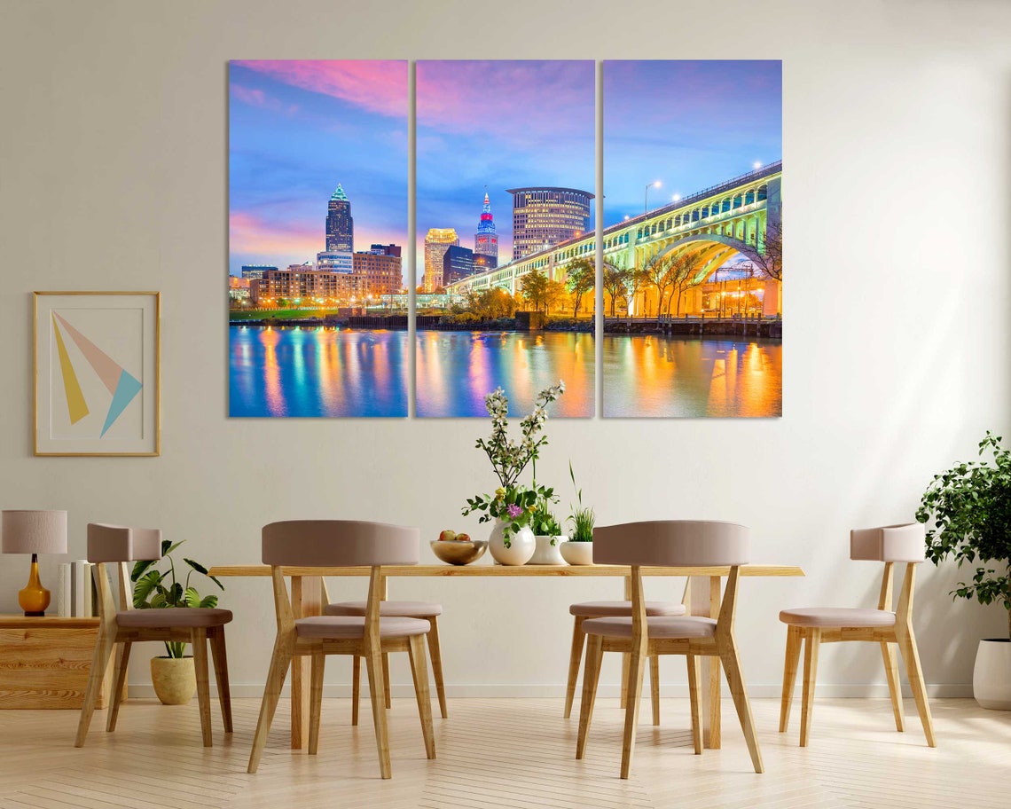 Cleveland Ohio Skyline Sunset Bridge Lights Triptych City View Poster