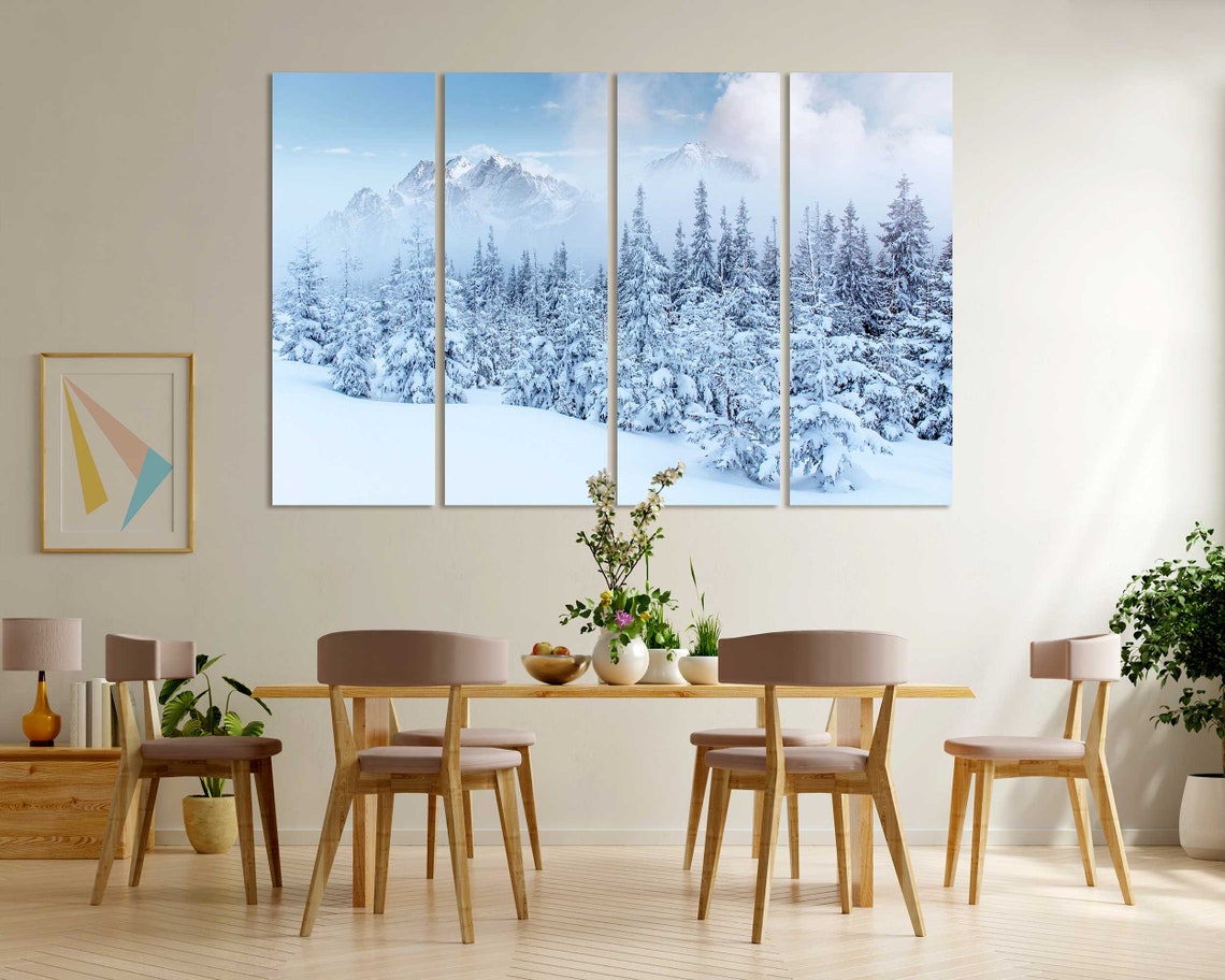 Snowy Mountain Forest Winter Landscape Blue 3 Panel Split Poster - Image 6