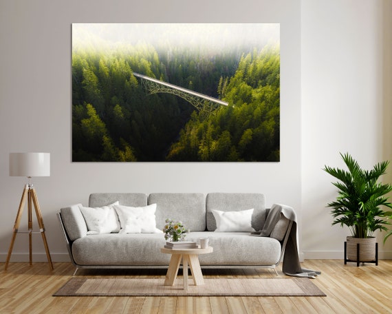 Bridge Over A River In A Forest Modern Wall Decoration Nature Wall Decor Green Forest Painting Art Bridge In The Forest Print On