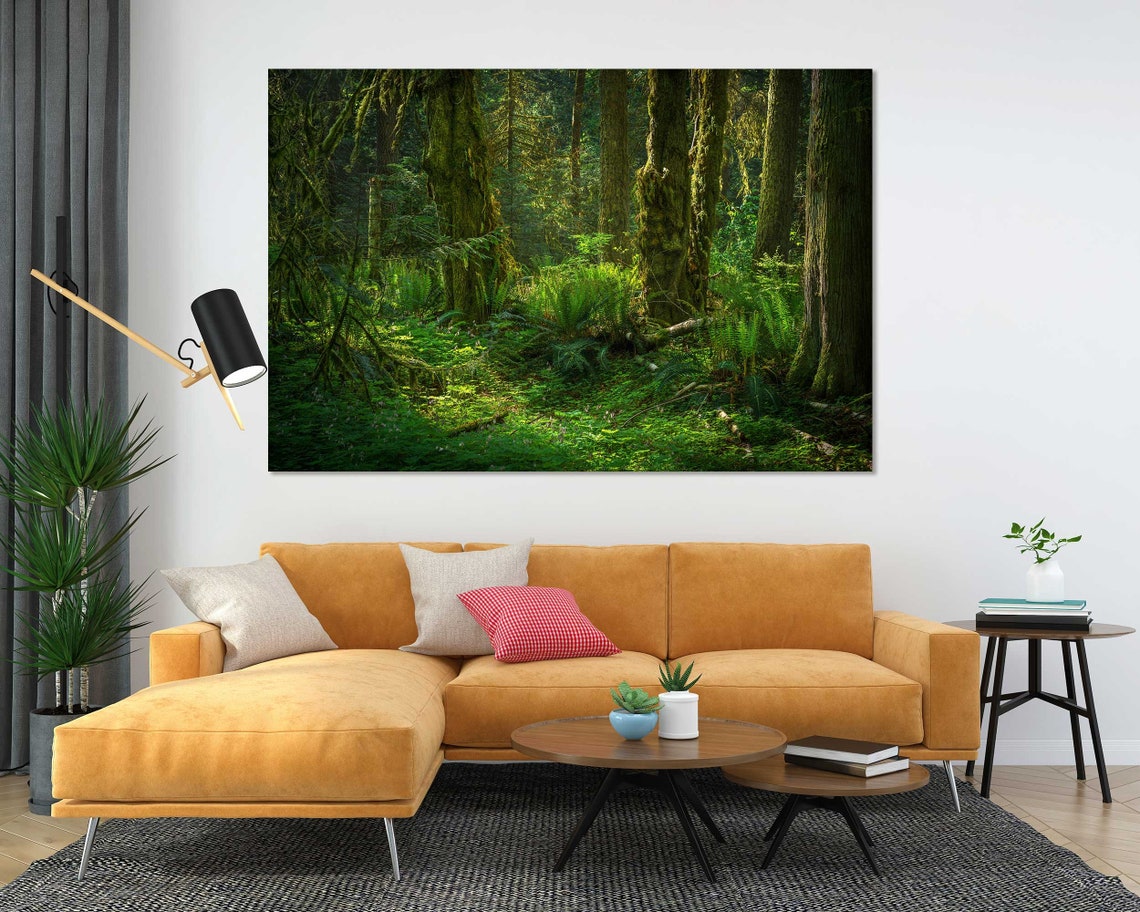 Lush Green Tropical Forest Sunlight Through Mossy Trees Wall Art - Image 5