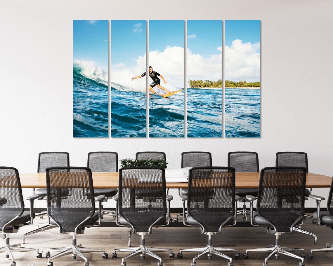 Surfer Riding Ocean Wave Sunny Blue Day Coastal Surfing Art Poster - Image 4