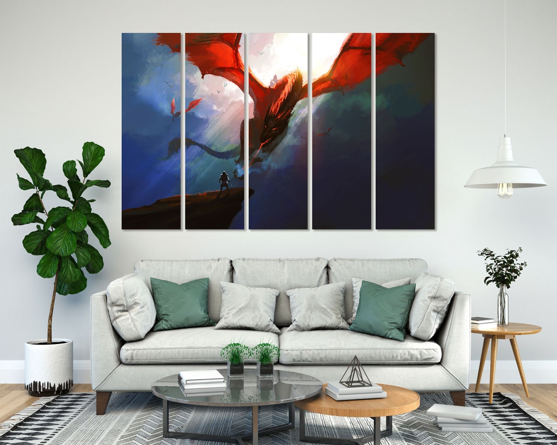 Red Dragon Soaring Sky Fantasy Warrior Cliff Epic Scene Art Poster - Image 7
