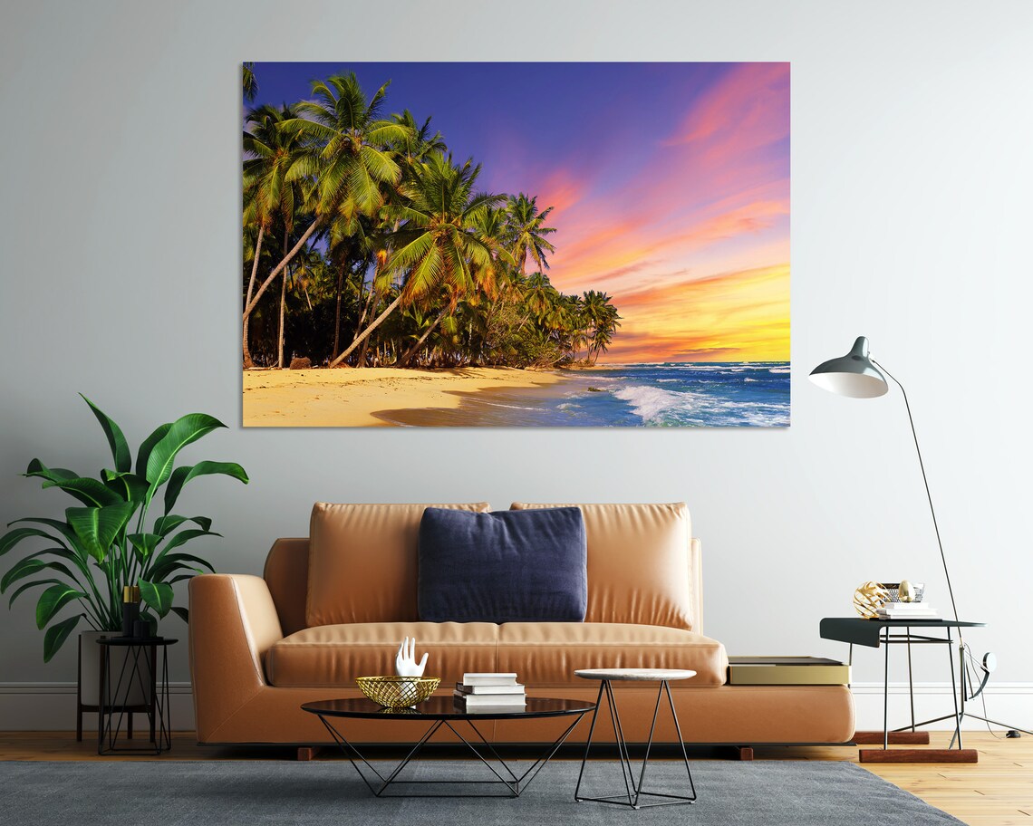 Tropical Palm Trees Sunset Beach Golden Sand Ocean Waves Travel Poster