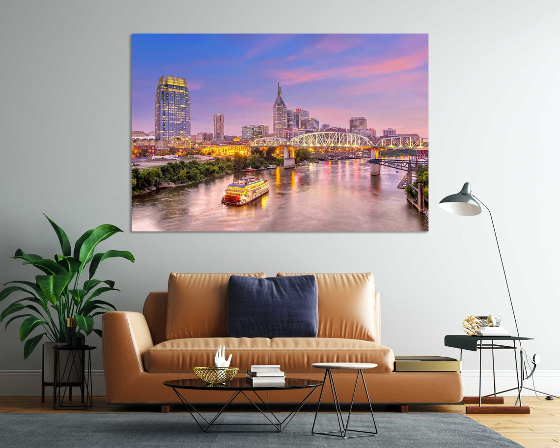 Nashville Tennessee Skyline Sunset Cumberland River Bridge View Poster