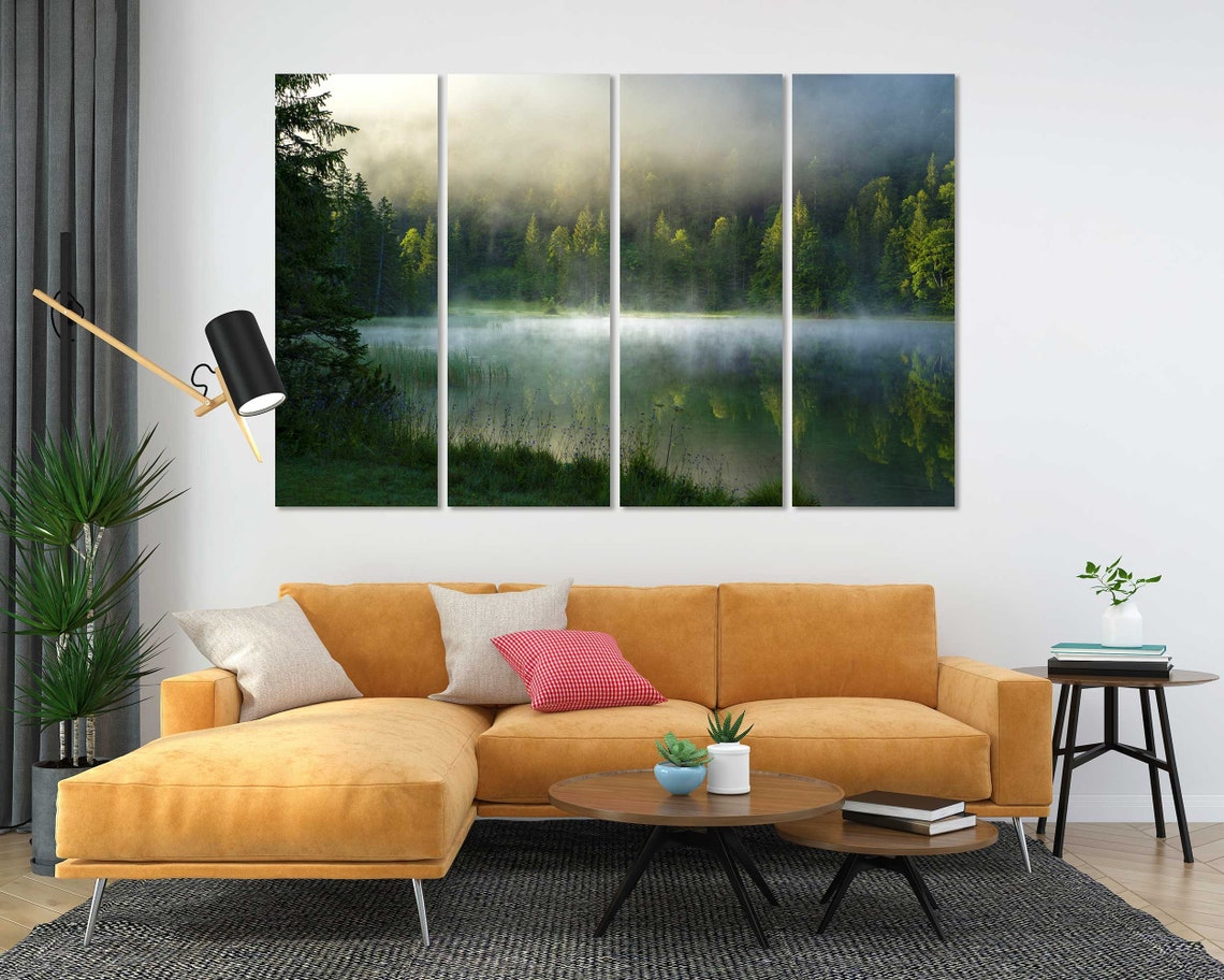 Foggy Morning In Forest With Lake Print Art Foggy Lake Pictures Art Decor Green Forest Design Art For Wall Morning Landscape Art - Image 5