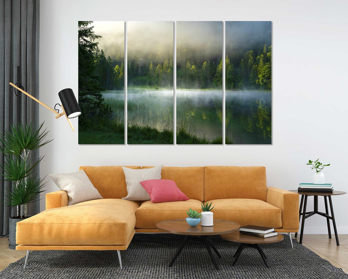 Foggy Morning Lake with Misty Evergreen Forest Reflection View Poster - Image 5