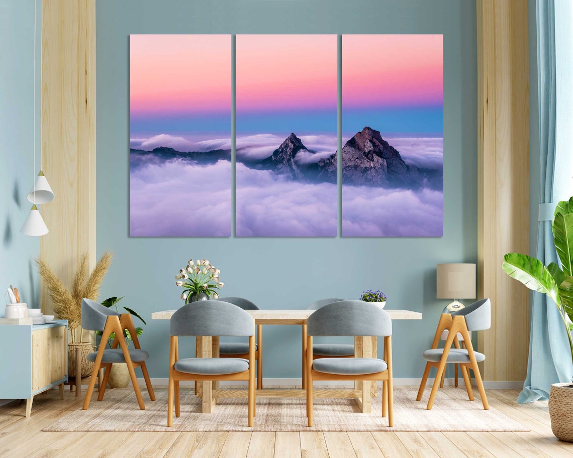 Mountain Peaks Rising Above Clouds at Pink Sunset Sky Landscape Poster - Image 3