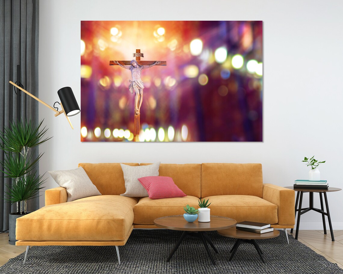 Jesus Christ on the Cross in Church Warm Bokeh Christian Art Poster - Image 5