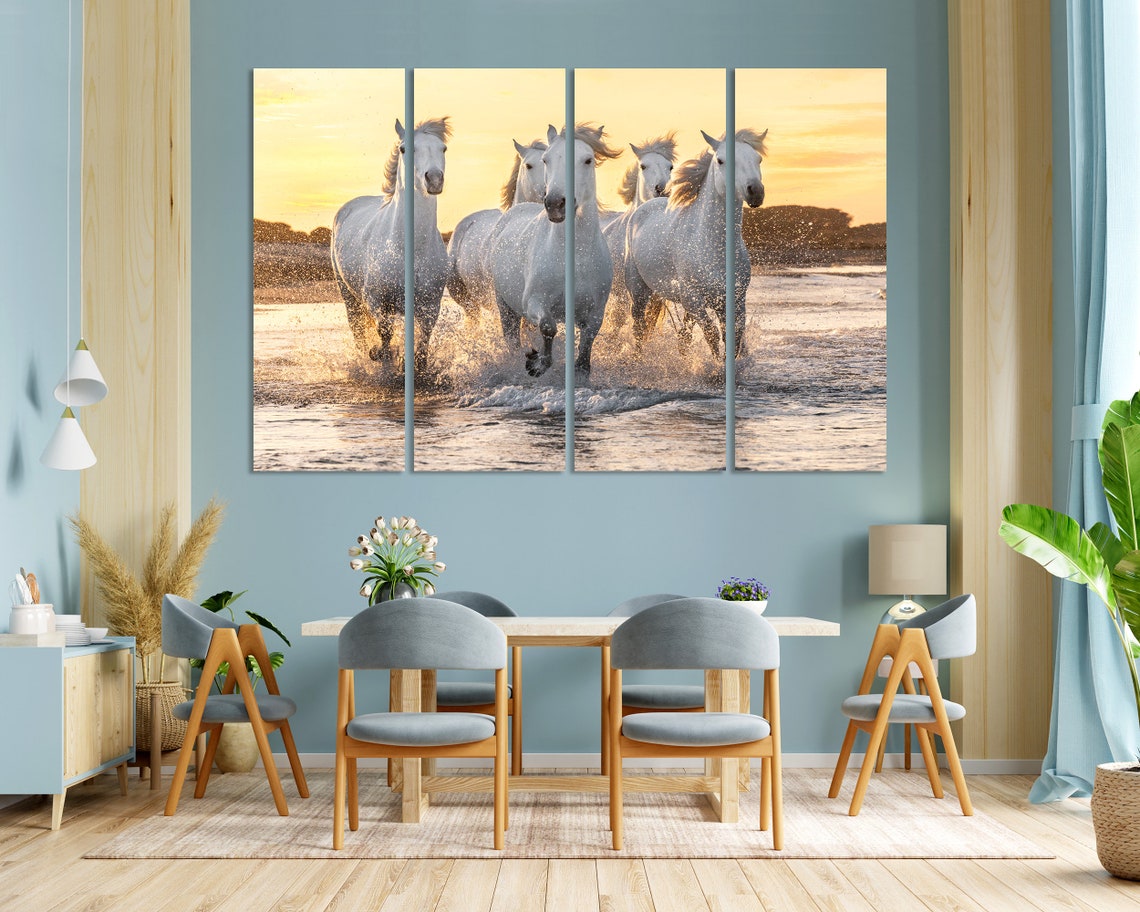 White Horses Galloping Through Water at Golden Sunset Horse Poster - Image 3