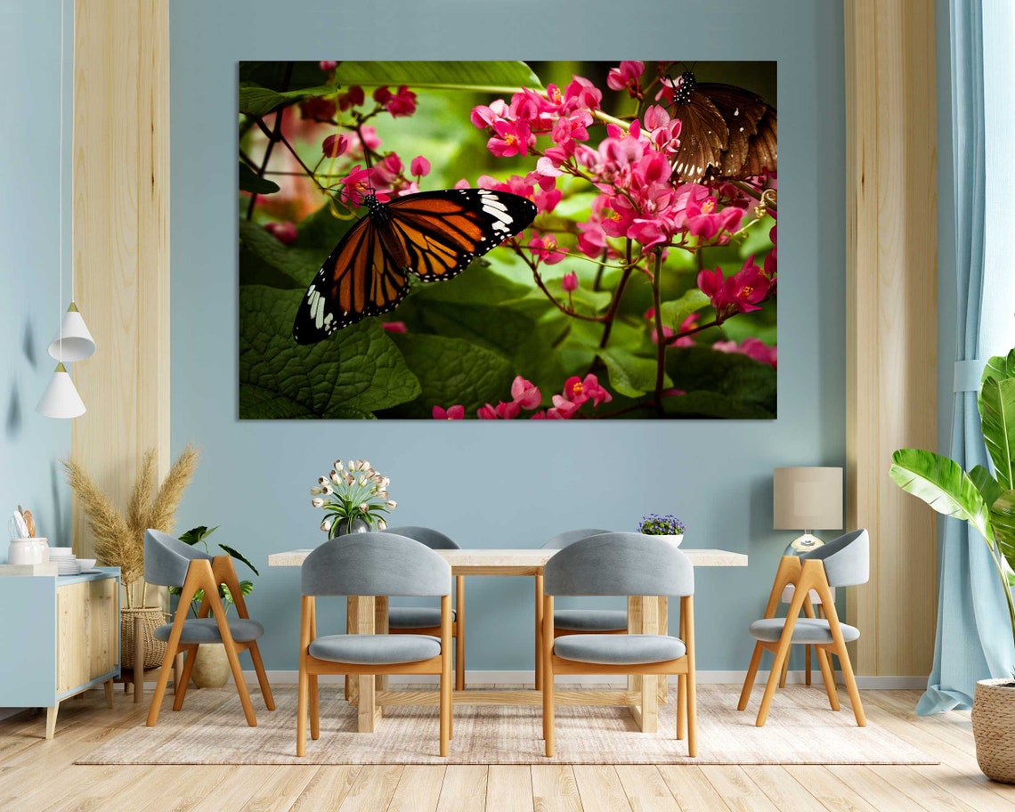 Monarch Butterfly On Pink Flowers Garden Close Up Nature Wall Art - Image 3