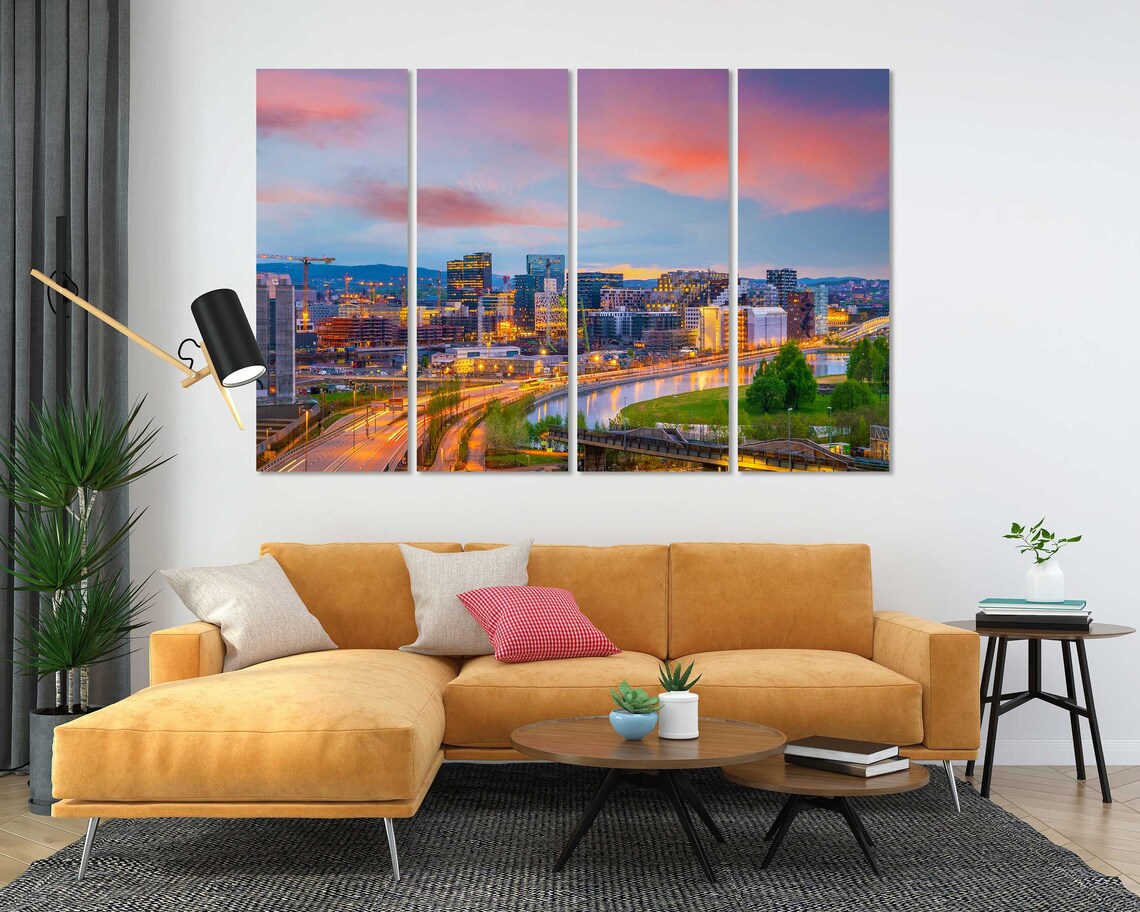 Oslo Norway Night Cityscape With Pink Sunset Sky Harbor Lights Poster - Image 5
