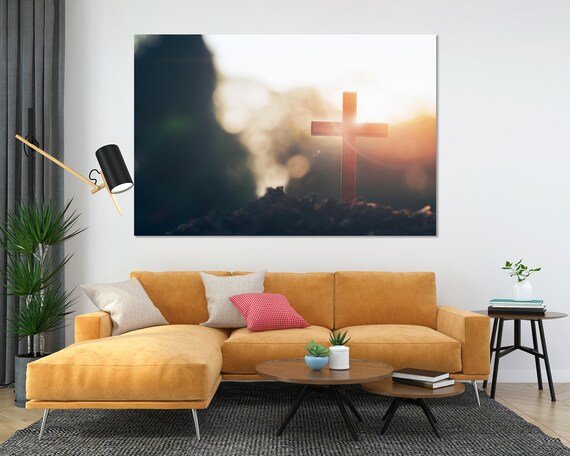 Wooden Cross Silhouette In Golden Sunrise Light Rays Spiritual Poster