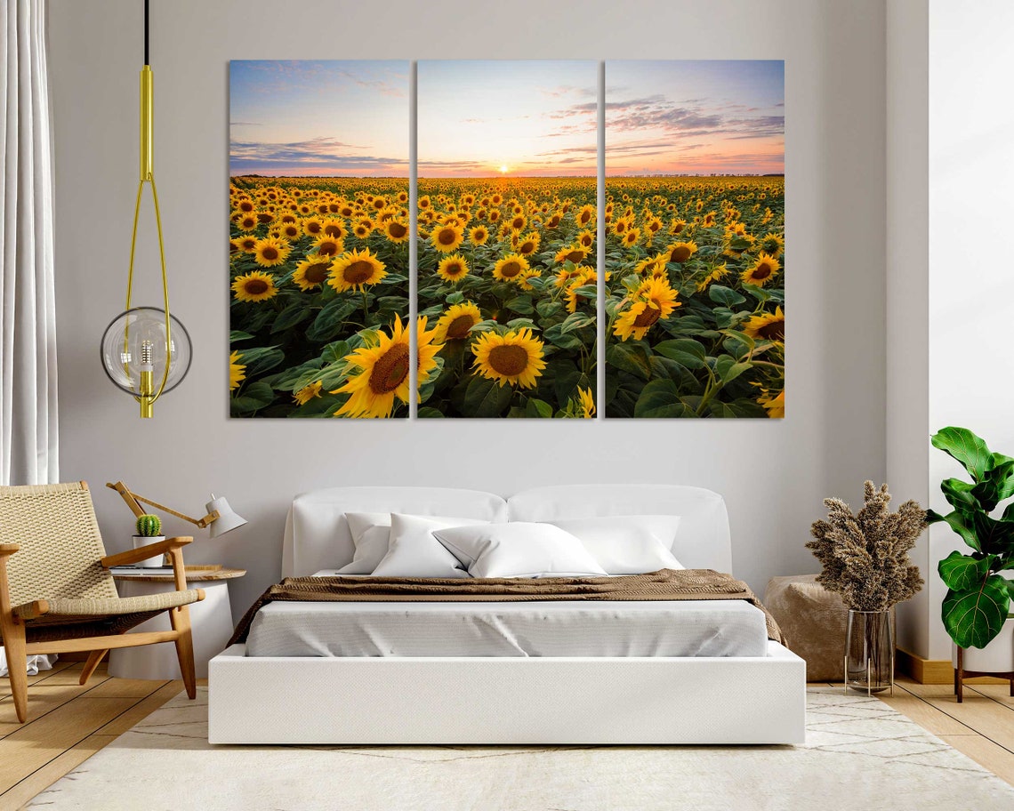 Sunflower Field at Sunset Golden Blooms Horizon 3 Panel Wall Art