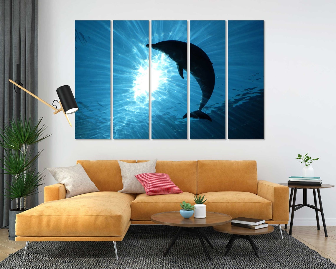 Dolphin Silhouette Leaping Under Sunbeams Ocean Blue Wall Poster - Image 5