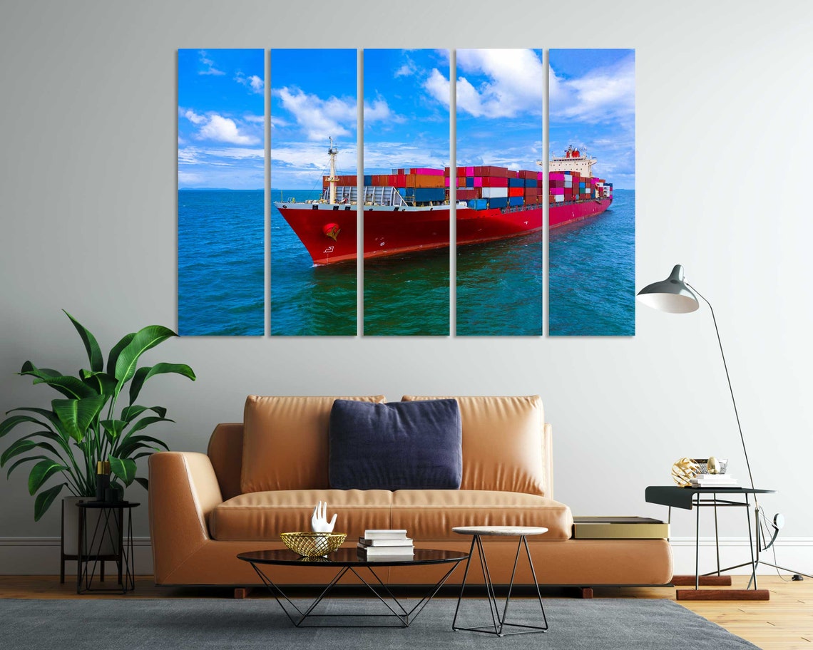 Red Container Cargo Ship Sailing Blue Ocean Quadriptych Sea Art Poster - Image 7