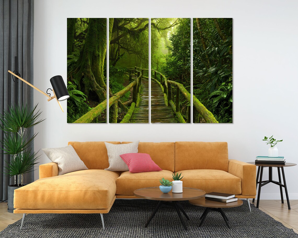 Tropical Green Jungle Forest With Mossy Wooden Bridge Art Print - Image 5