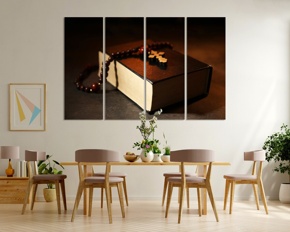 Rosary Beads And Wooden Cross On Bible Dark Warm Light Spiritual Poster - Image 6