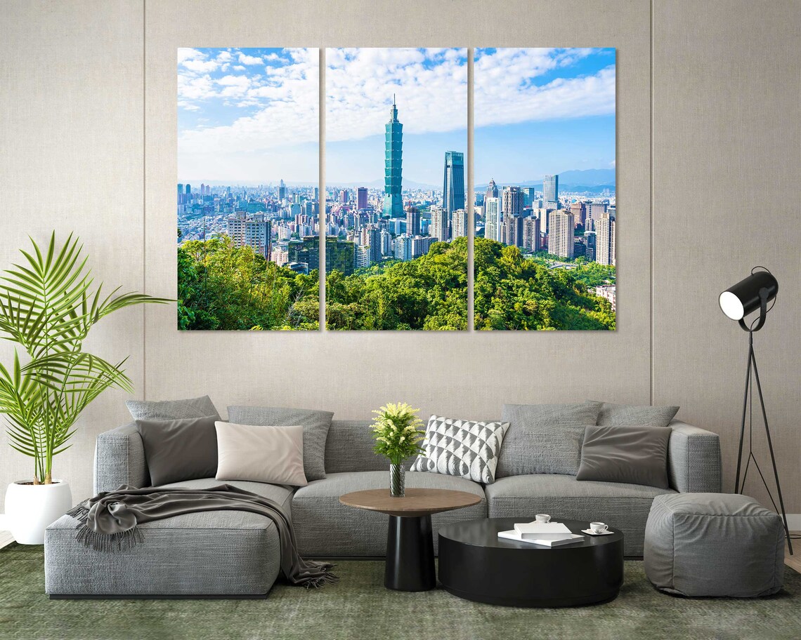 Taipei Taiwan 101 Tower Daytime Skyline Green Hills Travel Poster
