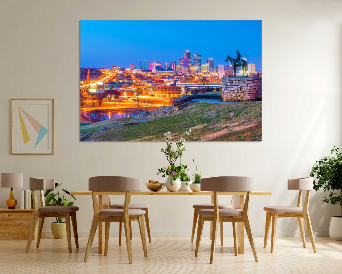 Kansas City Missouri Downtown Skyline Night Lights Scout Statue Poster - Image 6