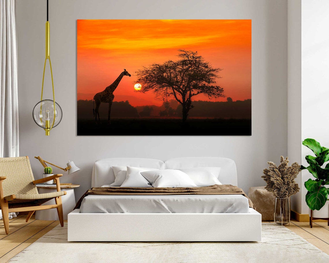 Giraffe Silhouette At Red Sunset With Acacia Tree Safari Poster