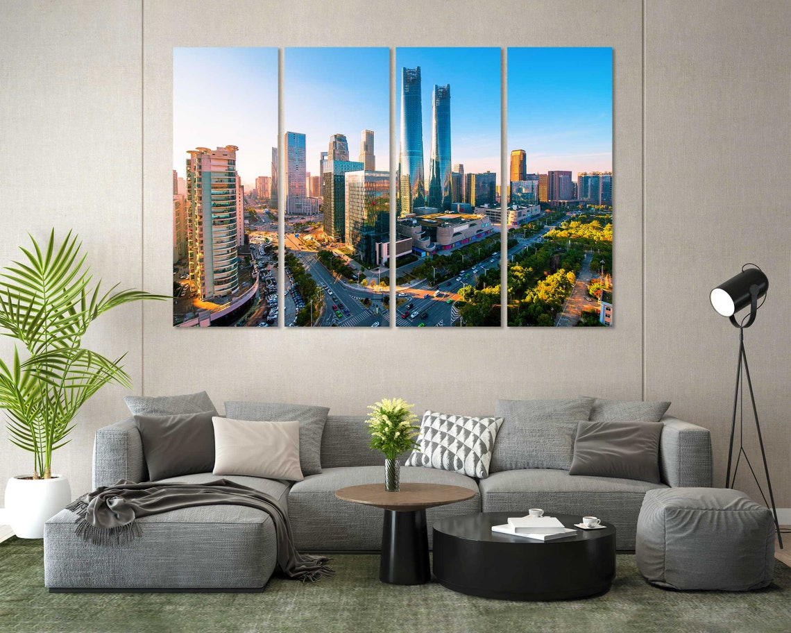 Modern Twin Towers Downtown Skyline Golden Sunset 3 Panel Wall Art - Image 2