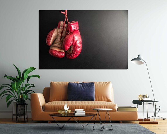 Red Boxing Gloves Hanging Black Background Sports Fighter Wall Decor Poster