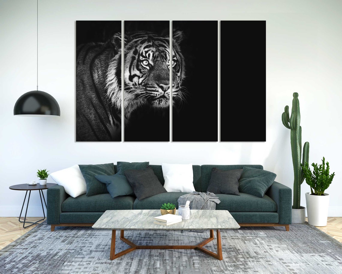 Black and White Tiger Face Dark Background Dramatic Wall Poster - Image 2