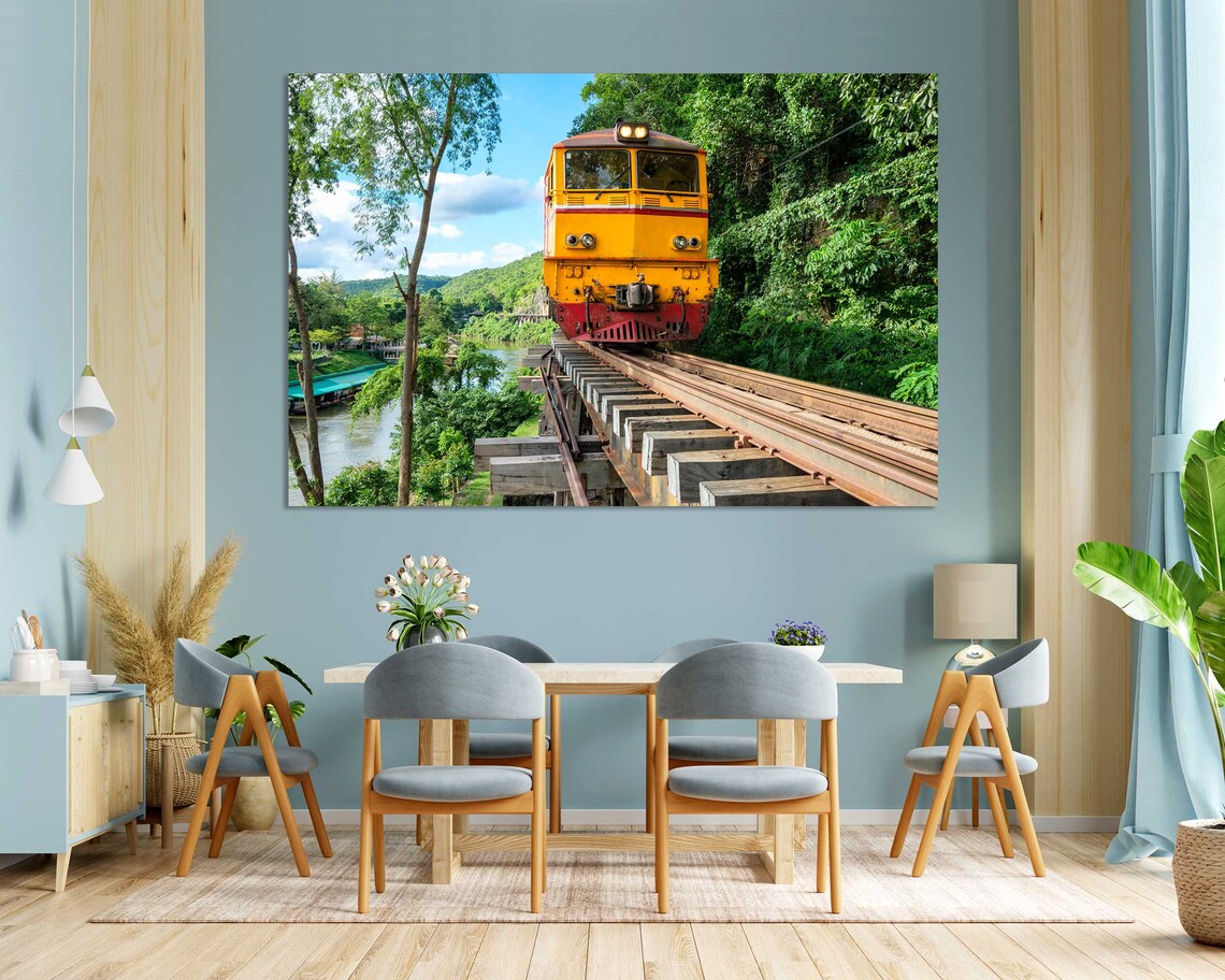 Yellow Train Crossing Wooden Trestle Bridge Jungle River Travel Print - Image 3