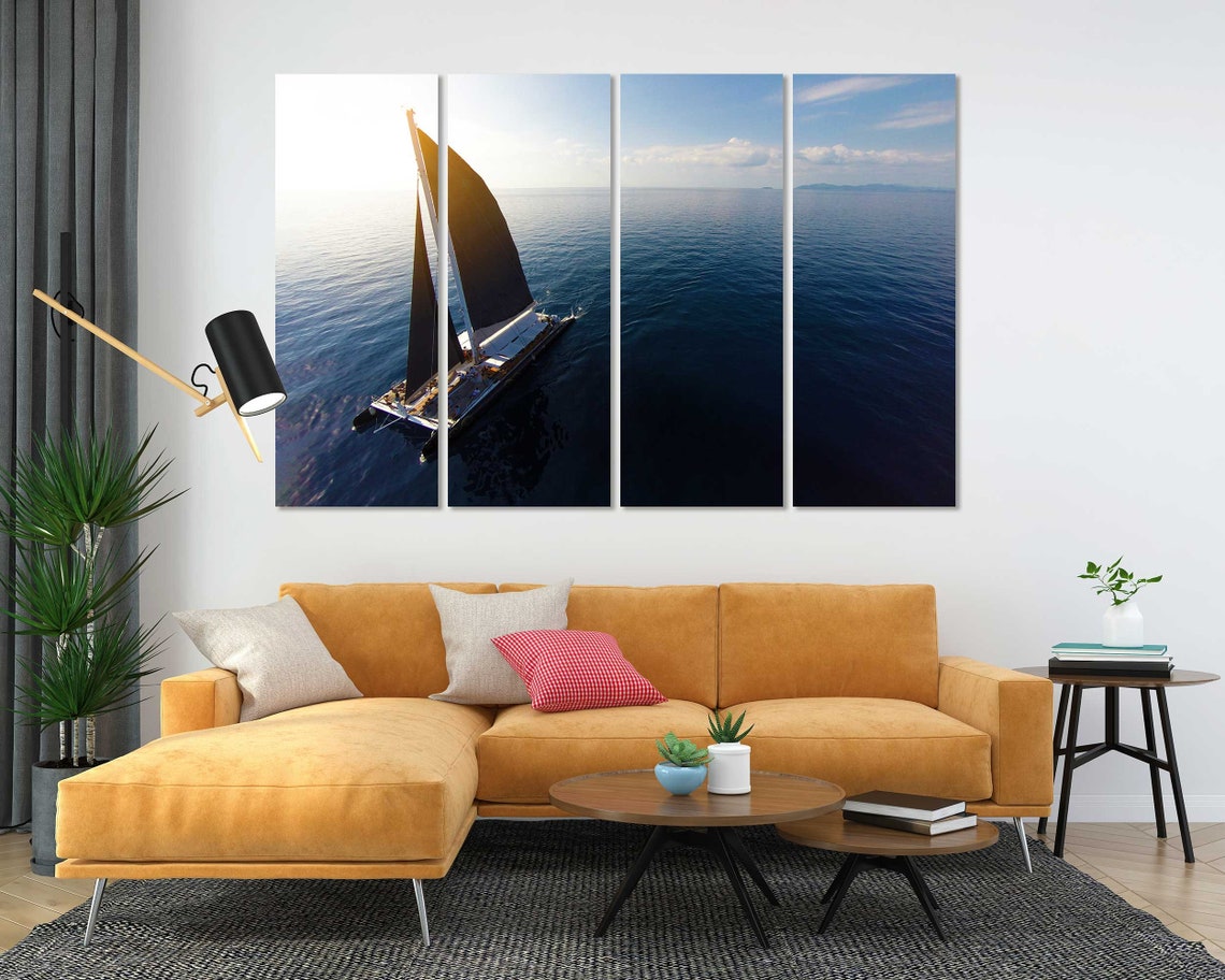 Sailboat With Black Sails Aerial View Calm Blue Ocean Sunset Poster - Image 5