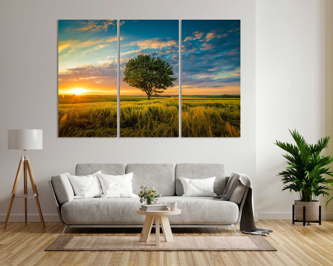 Lone Tree Golden Wheat Field Sunset Dramatic Clouds Nature Poster - Image 8