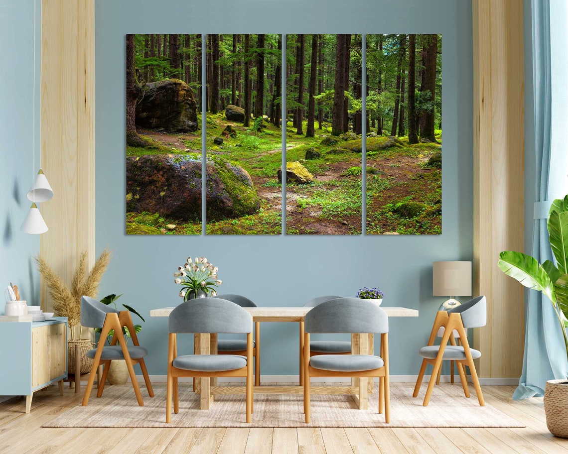 Mossy Pine Forest With Boulders Triptych Three Panel Nature Wall Art - Image 4