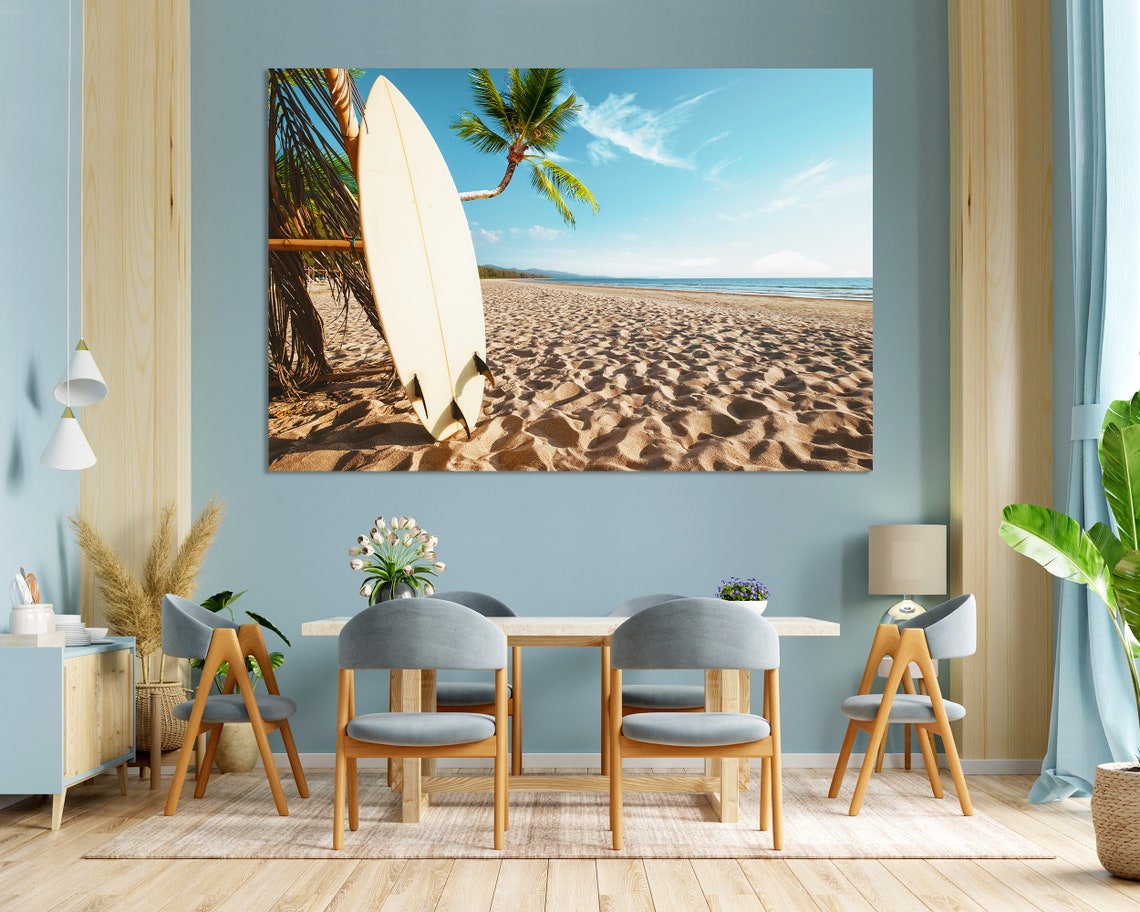 Surfboard on Sandy Beach Palm Trees Tropical Shore Travel Poster - Image 3