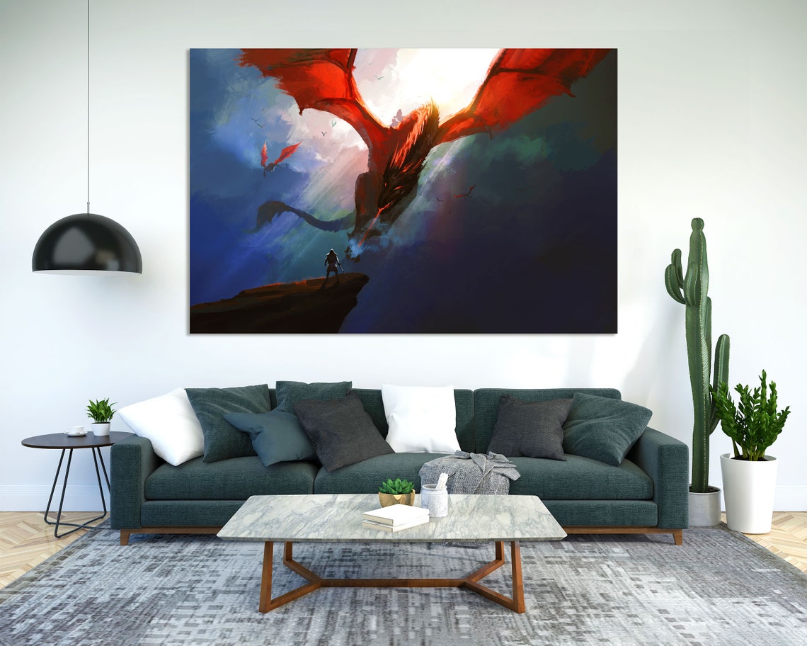 Red Dragon Soaring Sky Fantasy Warrior Cliff Epic Scene Art Poster - Image 2