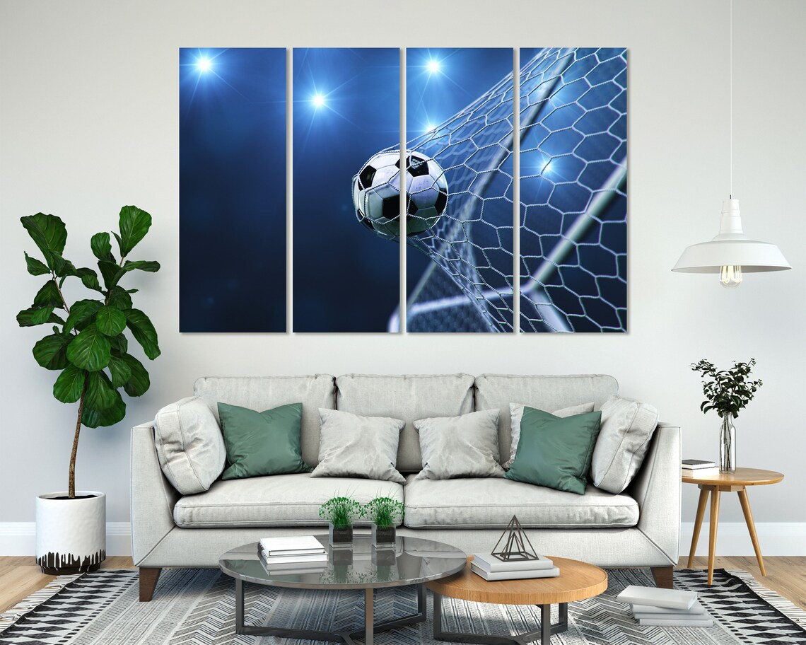 Soccer Ball Hitting Goal Net Night Stadium Lights Sports Action Poster