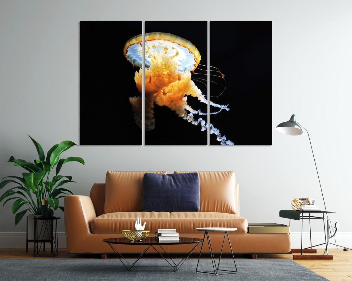 Glowing Golden Jellyfish Black Background Dramatic Ocean Poster - Image 8