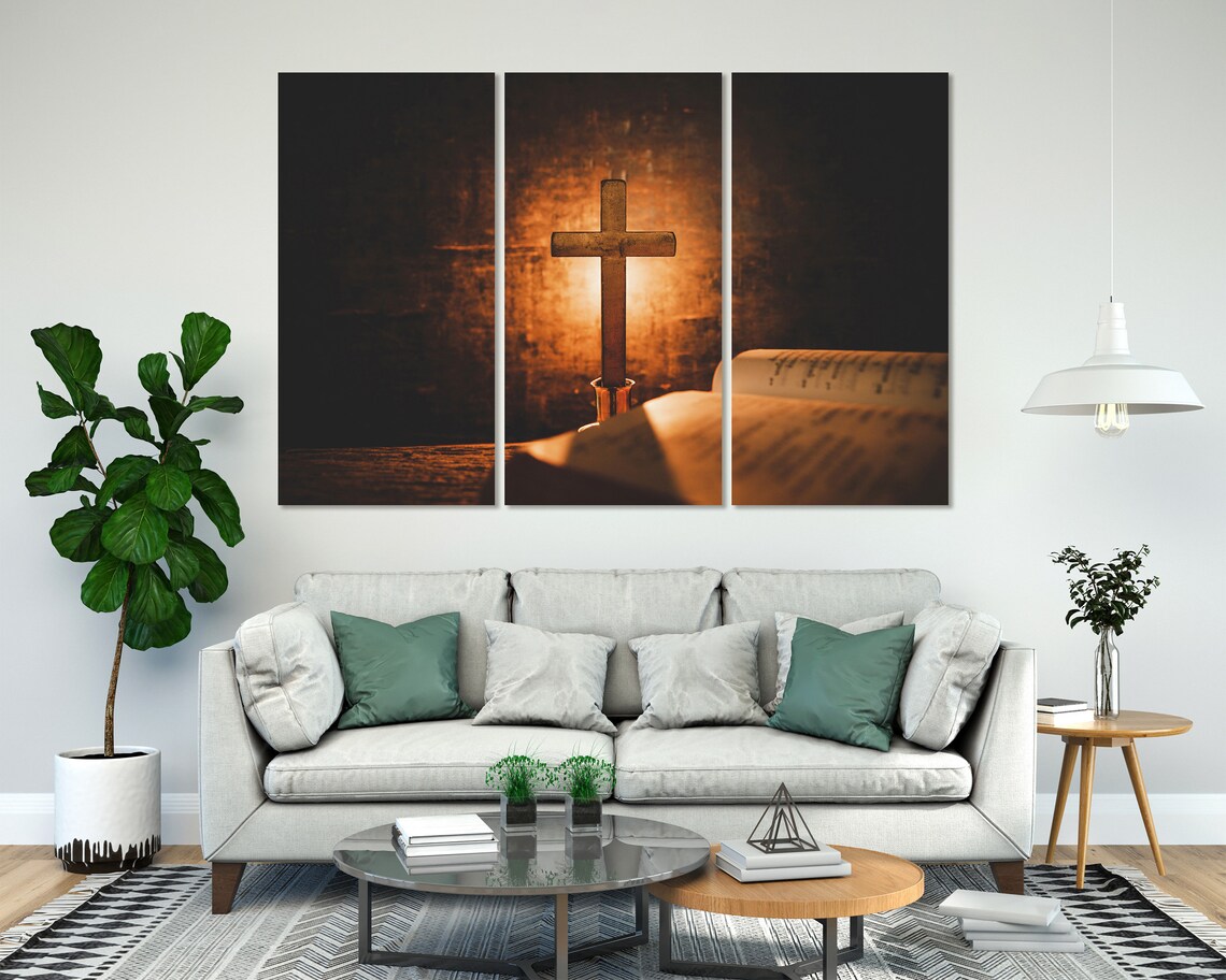 Wooden Cross Standing On Open Bible Warm Candlelight Glow Spiritual Poster - Image 3