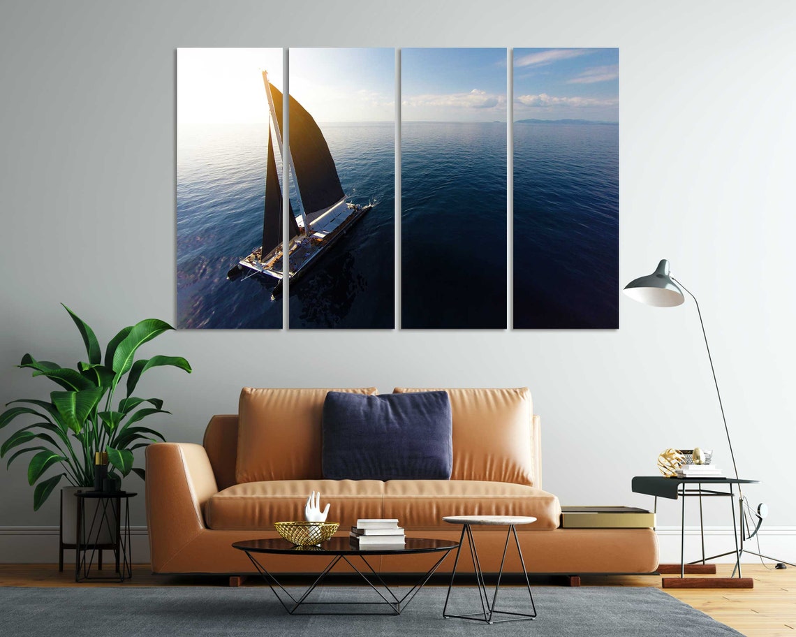 Sailboat With Black Sails Aerial View Calm Blue Ocean Sunset Poster - Image 7