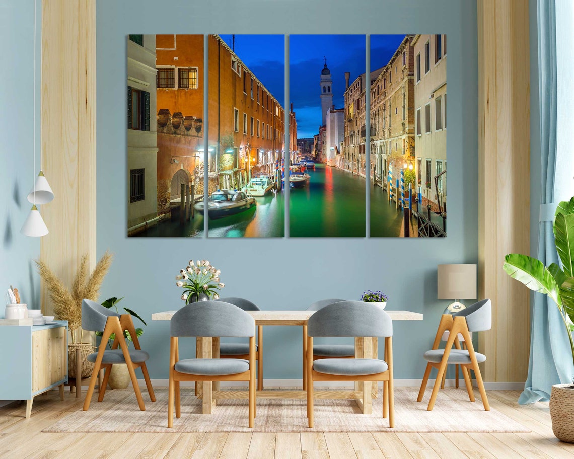 Venice Italy Canal At Night Boats Bell Tower Blue Hour Travel Poster - Image 3