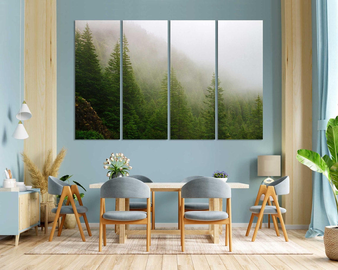 Foggy Green Pine Forest Mountains Mist Three Panel Nature Poster - Image 3