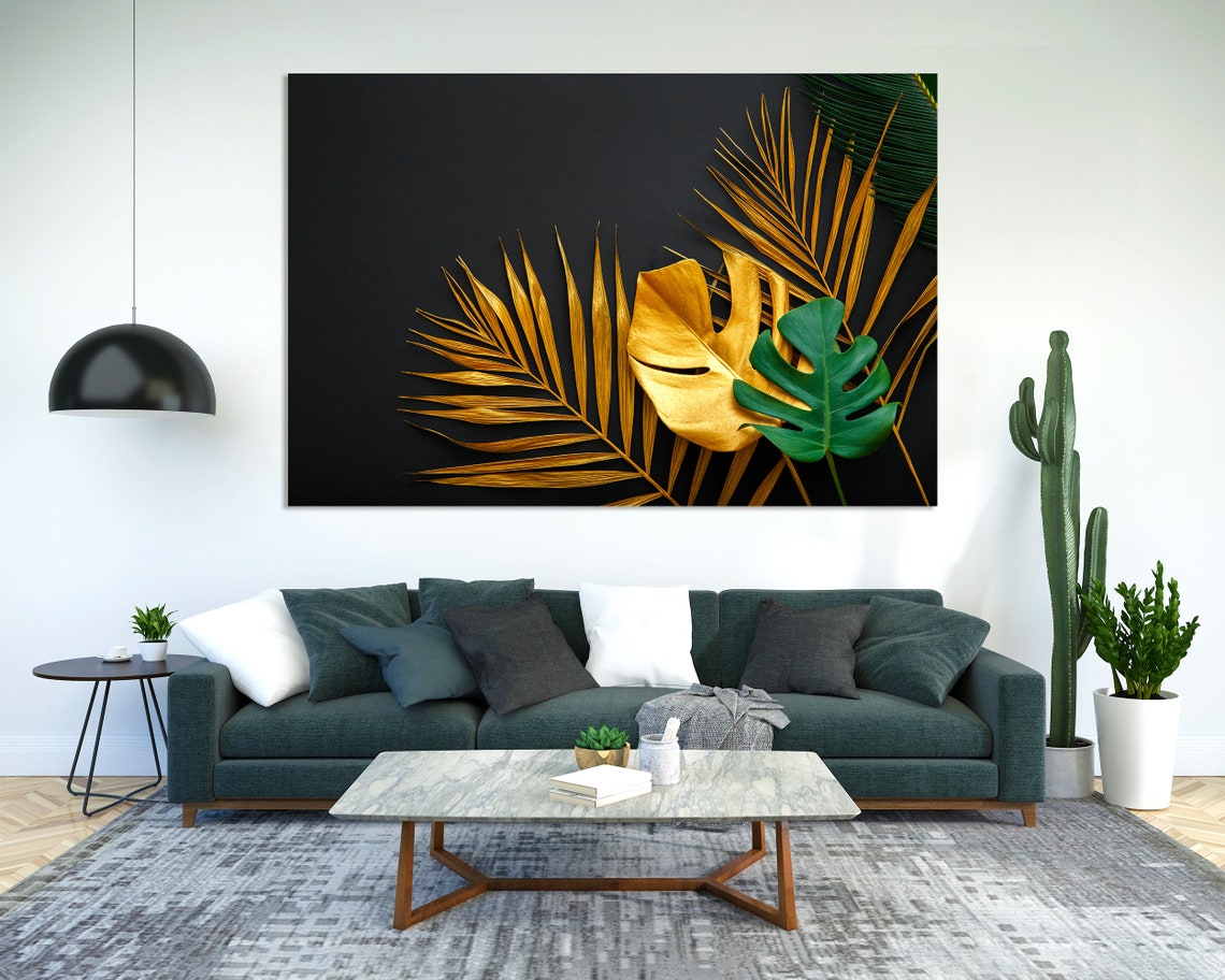 Gold Tropical Palm Leaves Monstera Black Background Botanical Poster - Image 2