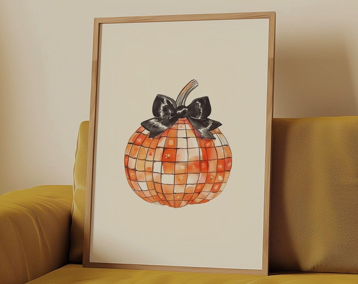Disco Ball Pumpkin With Black Bow Watercolor Fall Art Poster - Image 4