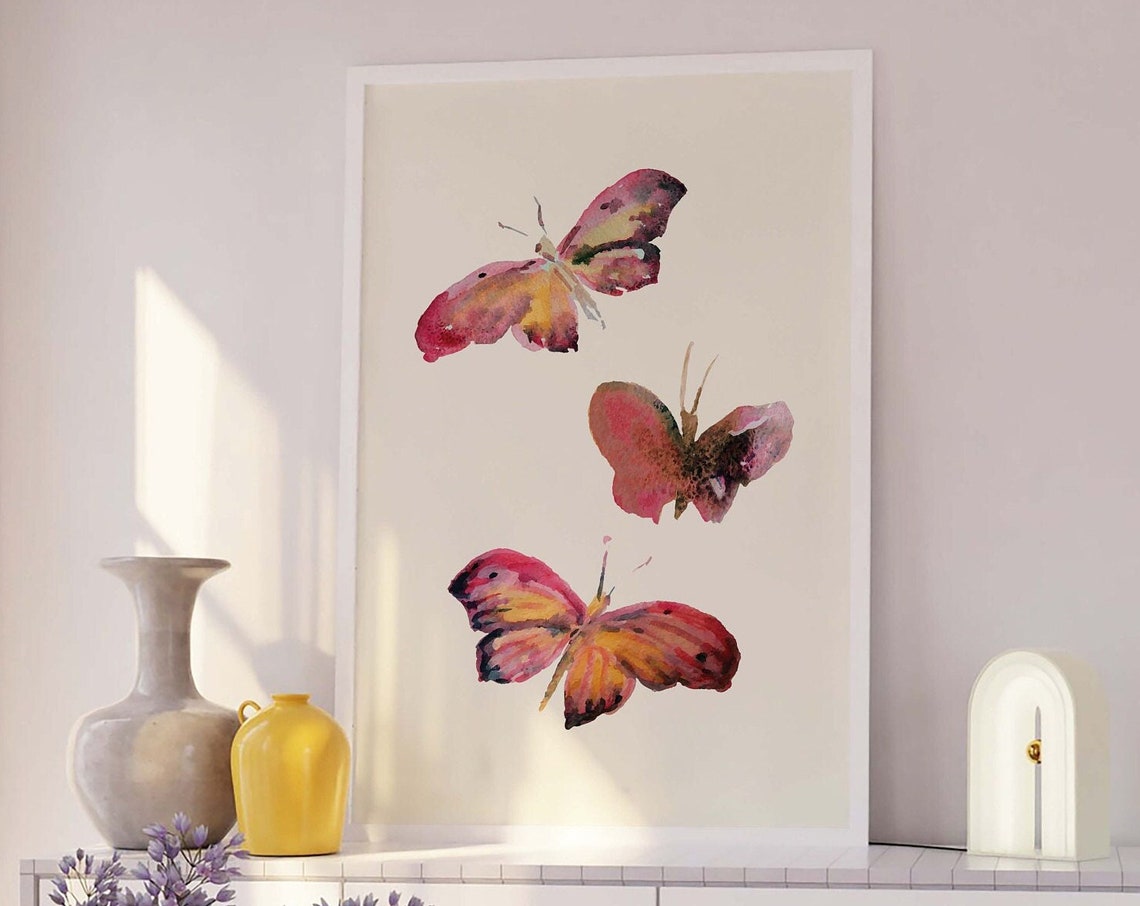 Watercolor Butterflies Pink Orange Botanical Wall Decor Poster