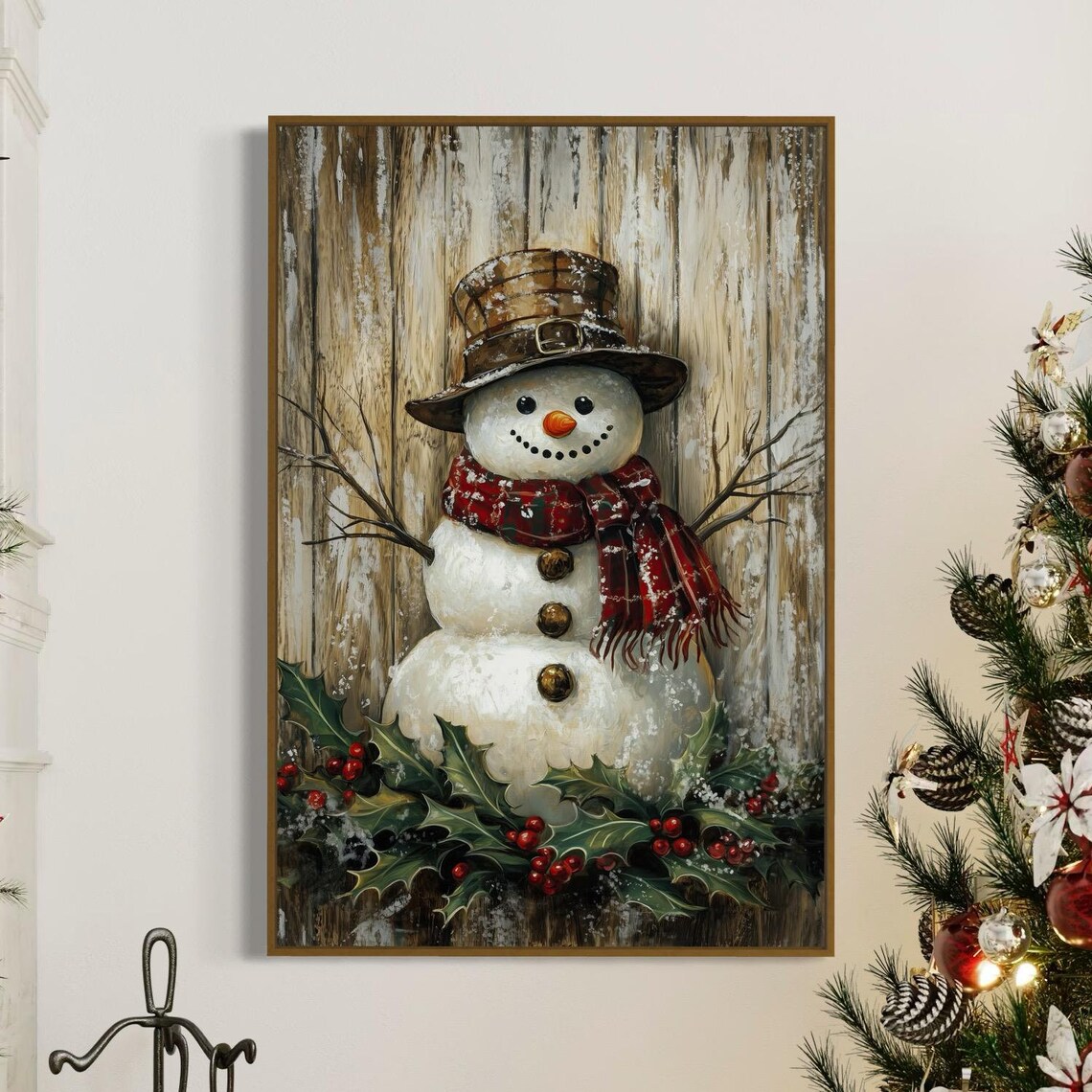 Rustic Snowman Plaid Hat Holly Vintage Christmas Farmhouse Wall Art