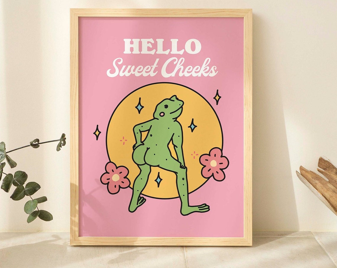 Hello Sweet Cheeks Cheeky Green Frog Retro Pink Bathroom Poster