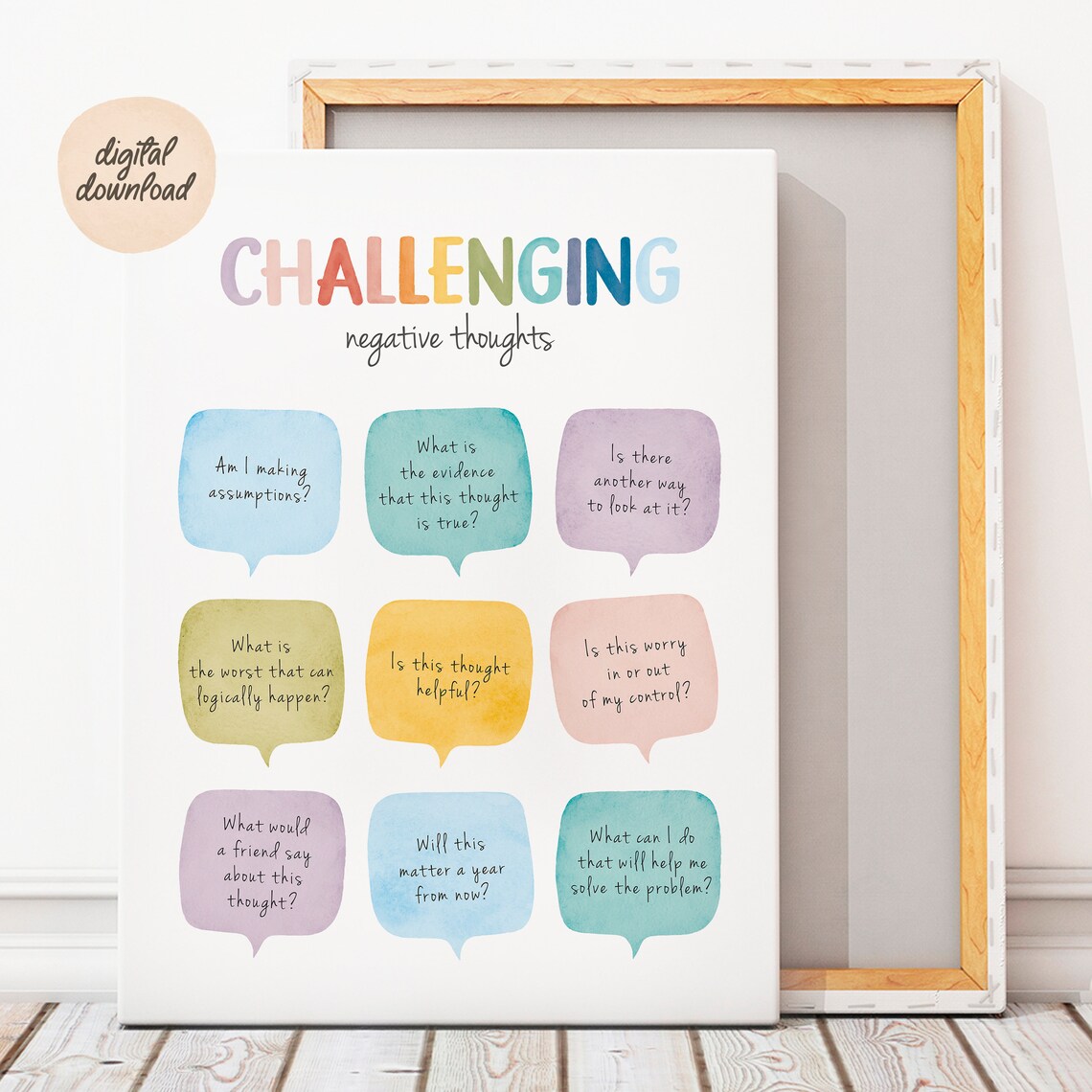 Challenging Negative Thoughts Art Print, CBT Therapy